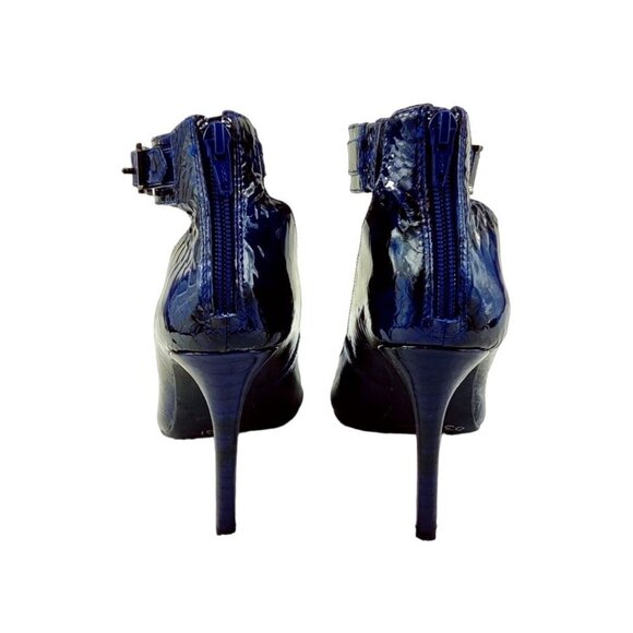 Ankle Strap Gianni Bini Stiletto Pump Patent Leather Navy Blue Embossed Shinny - Picture 7 of 11